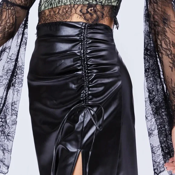 CIDER FAUX LEATHER HIGH WAIST DRAWSTRING SPLIT MAXI SKIRT BLACK SIZE LARGE - Picture 3 of 7